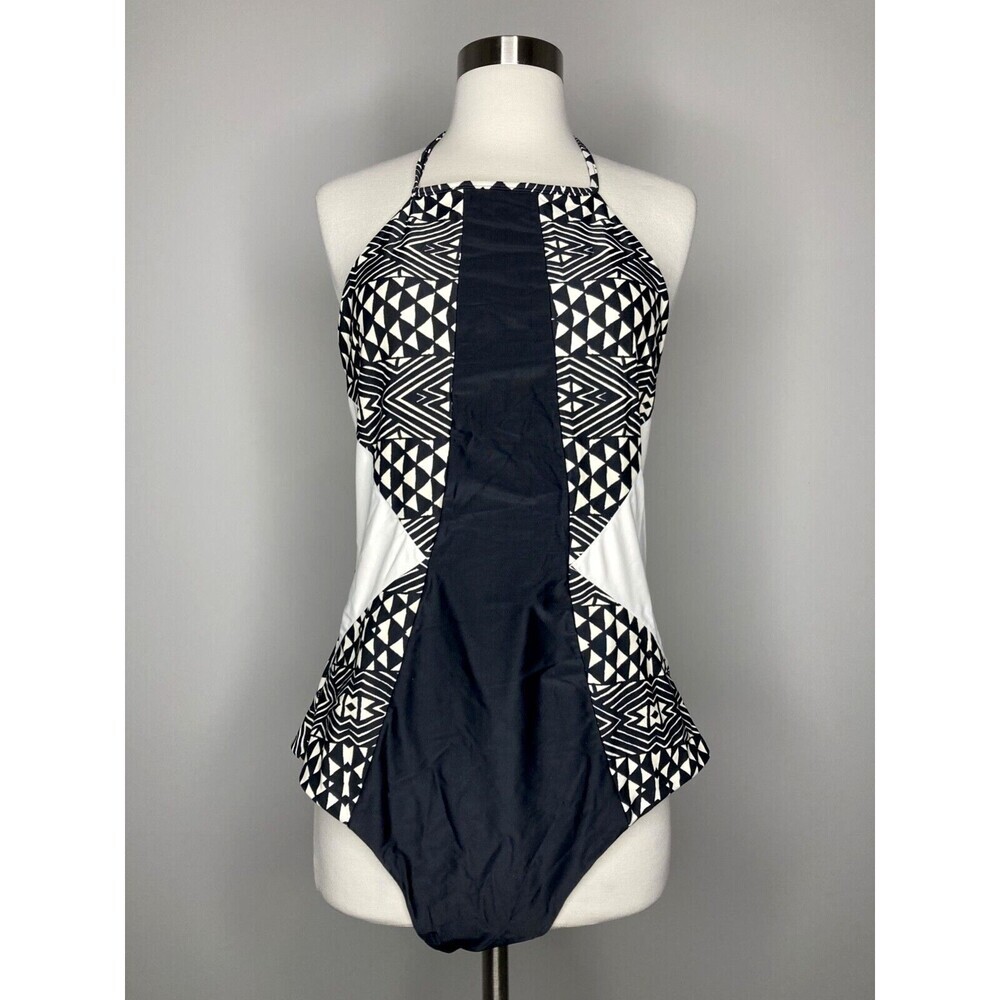 Vanilla‎ Beach Swimsuit Women XL One Piece Halter Black White Geometric